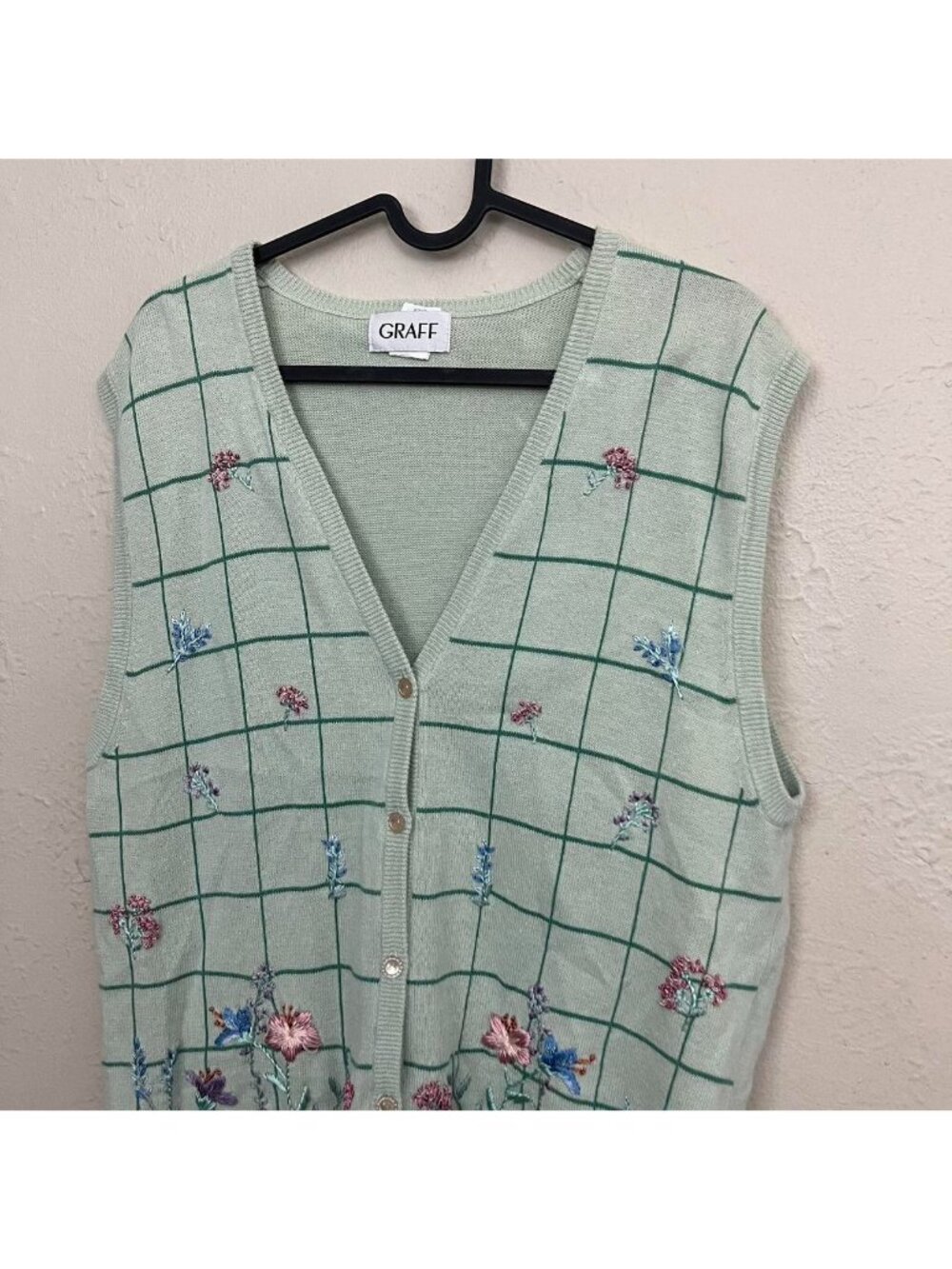 vintage 90s green floral plaid whimsical whimsy cottagecore sweater vest - Picture 2 of 8
